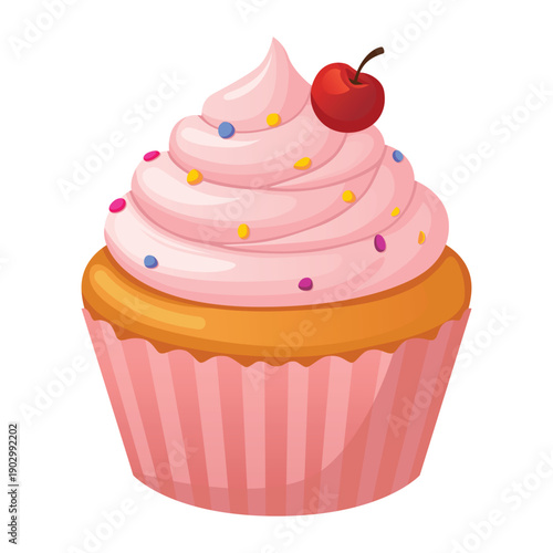 Pink Strawberry Cupcake with Cherry and Sprinkles Vector Illustration