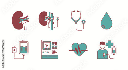 Medical Icons: Kidney, Dialysis Machine, Stethoscope, Heartbeat, Blood Drop