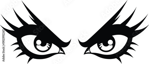 Black vector illustration of angry female eyes with long eyelashes for concepts of anger frustration stress emotion and character branding,