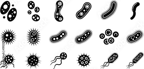 Black vector icon set of viruses bacteria and microbes for concepts of microbiology infectious disease 