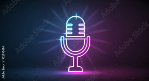 Vibrant neon glowing microphone on dark stage for music and entertainment concept
