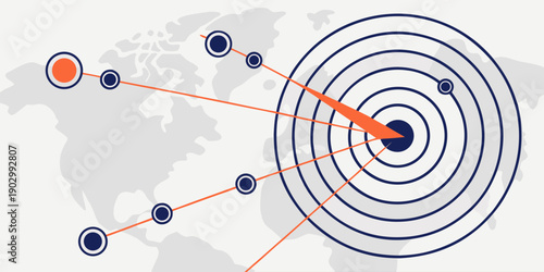 Global network map illustrates data transmission paths connecting various international nodes to a central target in a stylized digital design.
