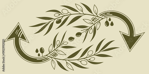 Olive branches with oil drops and circular arrows illustrate a concept of natural resource recycling or cyclical process.