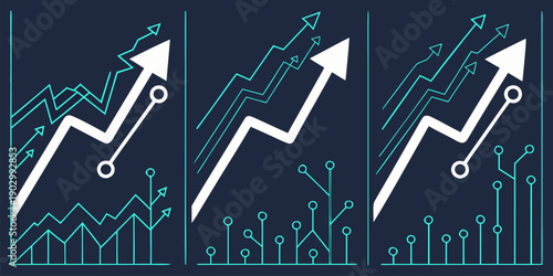 Three vertical panels display white upward trending line graphs overlaid with circuit board elements against a dark blue background.