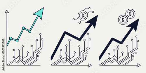 Three distinct digital growth charts illustrate upward financial trends using circuit board connections and ascending arrows with currency symbols.