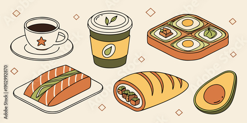 Isometric collection of breakfast items including coffee cup, to-go beverage, avocado half, and various pastries on a neutral surface.