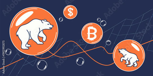 A large white polar bear inside an orange bubble symbolizes a market bear trap or financial downturn against a dark background with currency symbols.