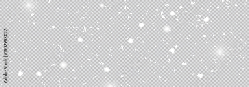 Falling snow dust and snowflake overlay. Transparent white winter background with realistic snowfall for festive design.