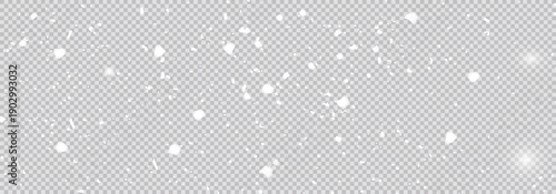 Falling snow dust and snowflake overlay. Transparent white winter background with realistic snowfall for festive design.