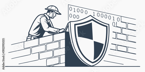 A construction worker wearing a hard hat installs a large security shield representing a digital firewall between brick walls.