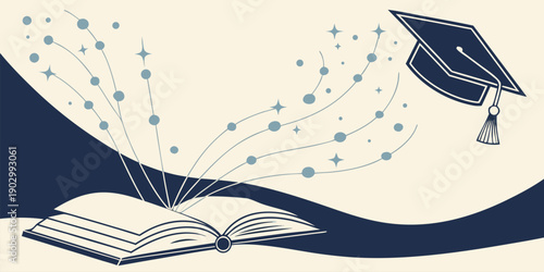 Graduation cap flies upward from an open book releasing streams of glowing particles and abstract stars across a dark blue wave.