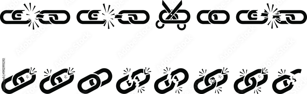 Fototapeta premium Black vector silhouette icon set of broken chain links and disconnected metal rings for concepts of freedom escape and branding