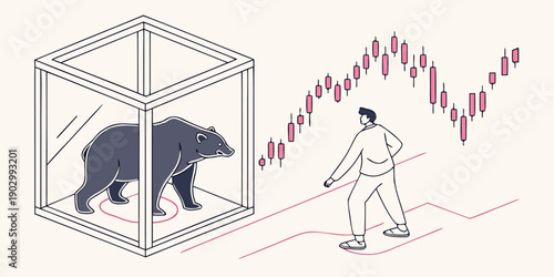 A man observes a caged bear symbol representing a market downturn near an upward trending candlestick chart illustration.