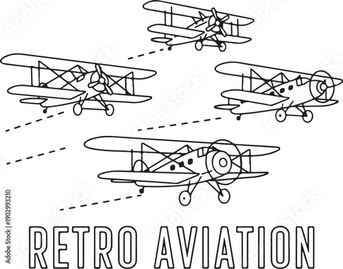 Retro Aviation Biplanes in Formation - Vintage Aircraft Line Art Illustration