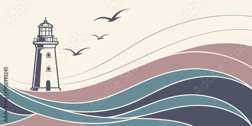 A stylized lighthouse stands firm above abstract, layered ocean waves while three birds fly across the pale sky background.