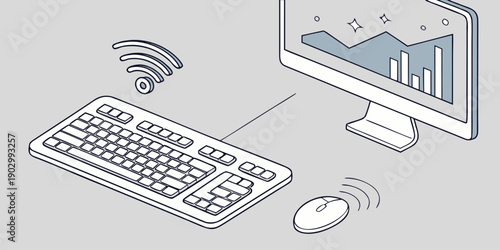 A wireless computer setup includes a keyboard, mouse, and monitor displaying network connectivity and data analysis graphics.
