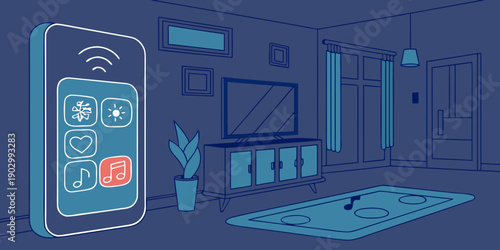 A large glowing smart home control panel displays climate and media options against the faint outline of a modern living room interior.