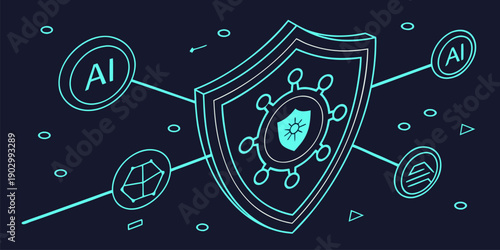 Isometric diagram illustrates artificial intelligence systems providing layered security defense around a central protective shield graphic.