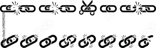 Black vector silhouette icon set of broken chain links and disconnected metal rings for concepts of freedom escape and branding