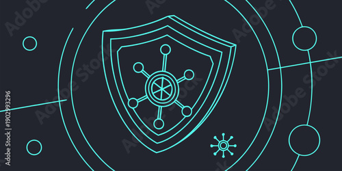 A digital shield icon with a complex molecular structure inside represents cybersecurity protection on a dark technological background.
