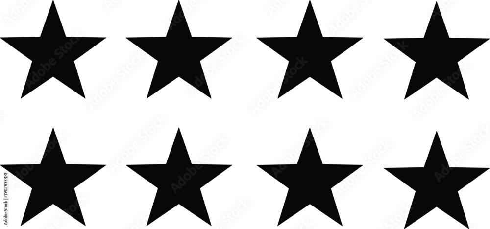 Obraz premium Black vector silhouette icon set of eight five point stars for concepts of rating quality ranking favorite reviews and branding,