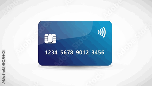 Blue credit card with chip and contactless payment symbol on a white background.