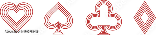 Playing card suit icons, heart, spade, club, diamond, concentric line art, geometric red outline design, modern vector illustration, casino symbol graphics