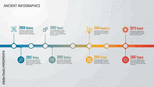 Ancient infographics timeline with historical data and digital concepts