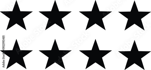 Black vector silhouette icon set of eight five point stars for concepts of rating quality ranking favorite reviews and branding,