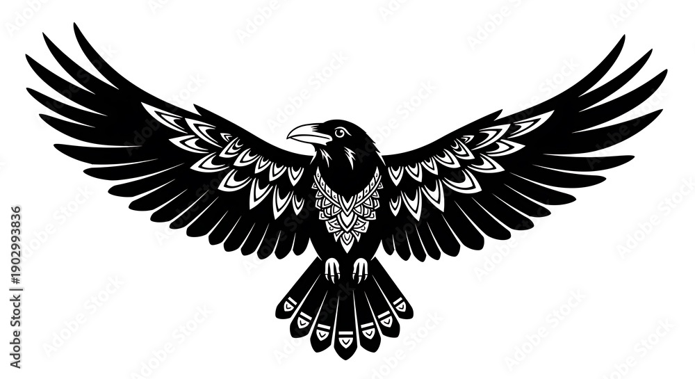 Fototapeta premium Stylized, detailed black raven with outstretched wings, intricate feather patterns, white background