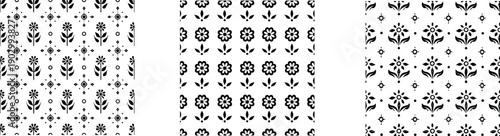 Set of Minimalist Black and White Floral Patterns and Geometric Ornamental Backgrounds