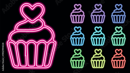 Outline of cupcake icon with glowing neon heart topper against illustration. Neon cupcake icon with cherry glitter outline on black background.