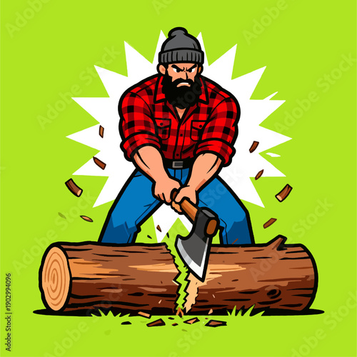 Strong Lumberjack Splitting Wood Log with Axe – Flat Cartoon Vector Illustration