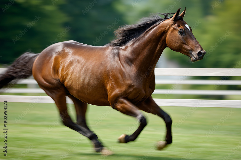 Obraz premium A brown horse with a black mane and tail runs quickly across a green field outdoors