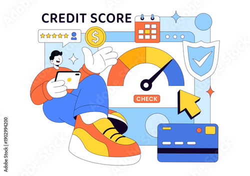 Credit Score Vector Illustration Featuring a Loan Arrow Gauge Speedometer Showing Ratings From Poor to Good on a Flat Style Background