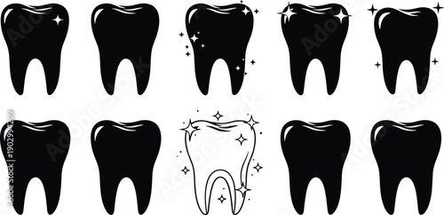 Black vector silhouette icon set of human teeth with sparkles for concepts of dental health oral hygiene dentistry and branding,