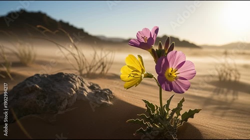 Desert wildflower blooming under sunlight in sand dune landscape