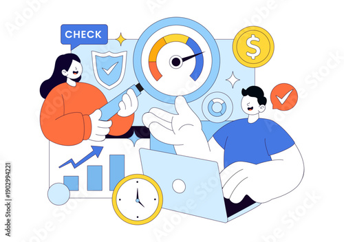 Credit Score Vector Illustration Featuring a Loan Arrow Gauge Speedometer Showing Ratings From Poor to Good on a Flat Style Background