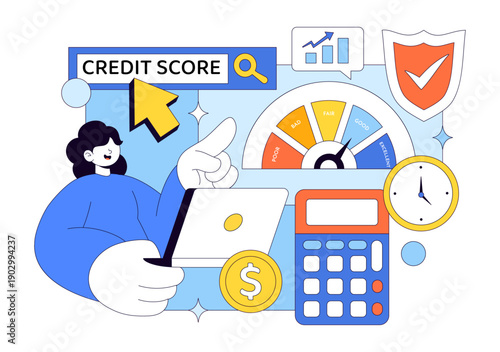 Credit Score Vector Illustration Featuring a Loan Arrow Gauge Speedometer Showing Ratings From Poor to Good on a Flat Style Background