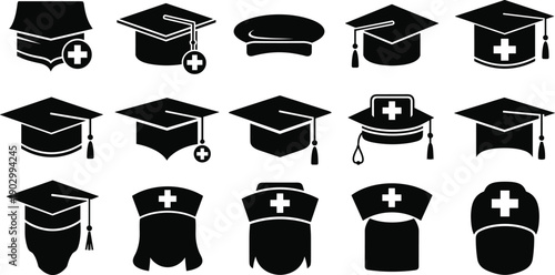 Black vector silhouette icon set of nursing caps and graduation mortarboards with medical cross symbols for healthcare education and branding,