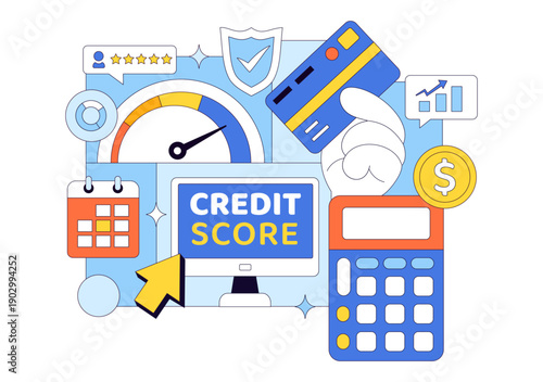 Credit Score Vector Illustration Featuring a Loan Arrow Gauge Speedometer Showing Ratings From Poor to Good on a Flat Style Background