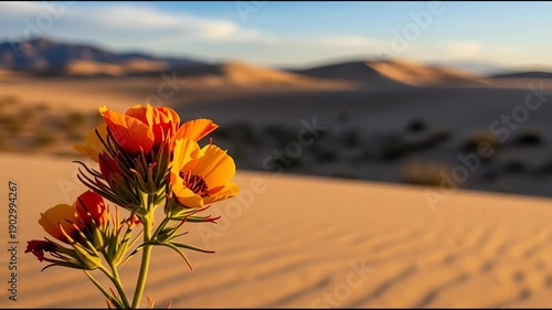 Desert wildflower blooms against sandy dunes and mountain backdrop