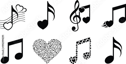 Black vector silhouette icon set of musical notes and heart shapes for concepts of romantic songs love melodies and branding,