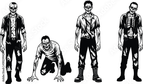 Scary Zombie Character Silhouette Collection Featuring Undead Men Standing and Crawling in Shredded Clothes for Halloween Horror Apocalypse Graphic Design Vector Illustration Isolated on White