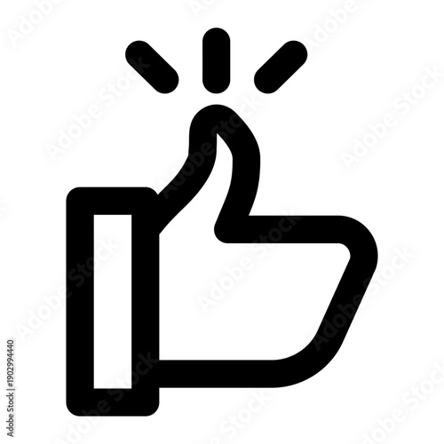 Simple line art icon of a thumbs-up hand with radiating lines, symbolizing approval, good feedback, or success.

