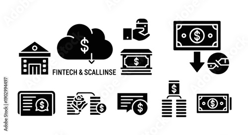 Fintech Icons: Digital Banking, Payments, Cloud Finance, Money Transfer & Savings