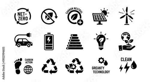 Green energy and environmental protection icons featuring net zero leaf symbols solar panels wind power lightbulb growth and recycling arrows graphics