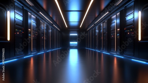 Vast computer server room hallway with endless rows of data storage racks modern data center hallway filled with server racks.