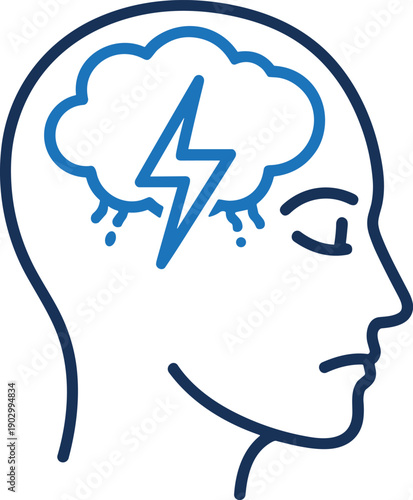 Profile line drawing of human head with blue cloud and lightning inside, symbolizing mental stress, headache, or emotional turmoil