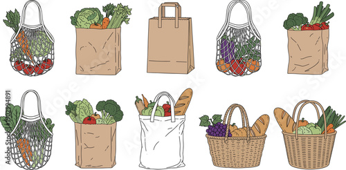 Set of eco-friendly grocery bags including paper bags mesh net bags and wicker baskets filled with fresh vegetables and bread on grey background